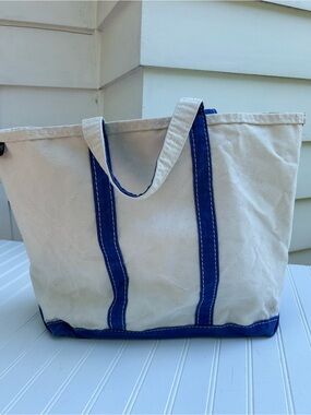 Vintage Lands' End Tote Natural Canvas Bag Blue Handle Boat Beach Large 22x15